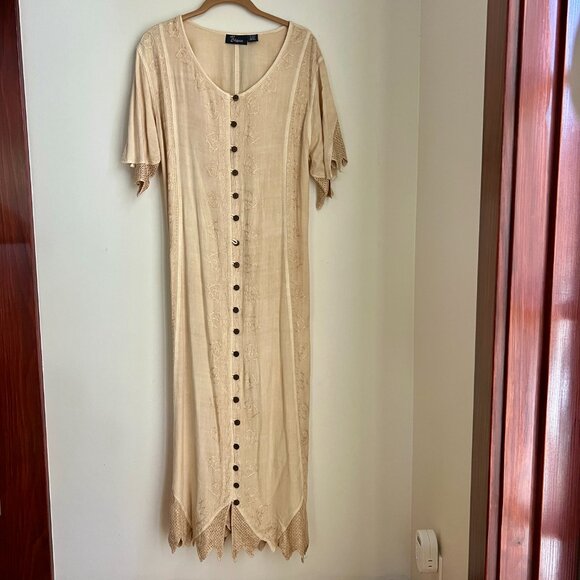 Vintage My Choice Cream Ivory Embroidered Maxi Dress Tie-Back Crochet Boho 90s - Picture 6 of 7